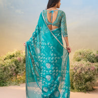 Laxmipati Anaya Teal Blue Chiffon Saree with Floral Prints