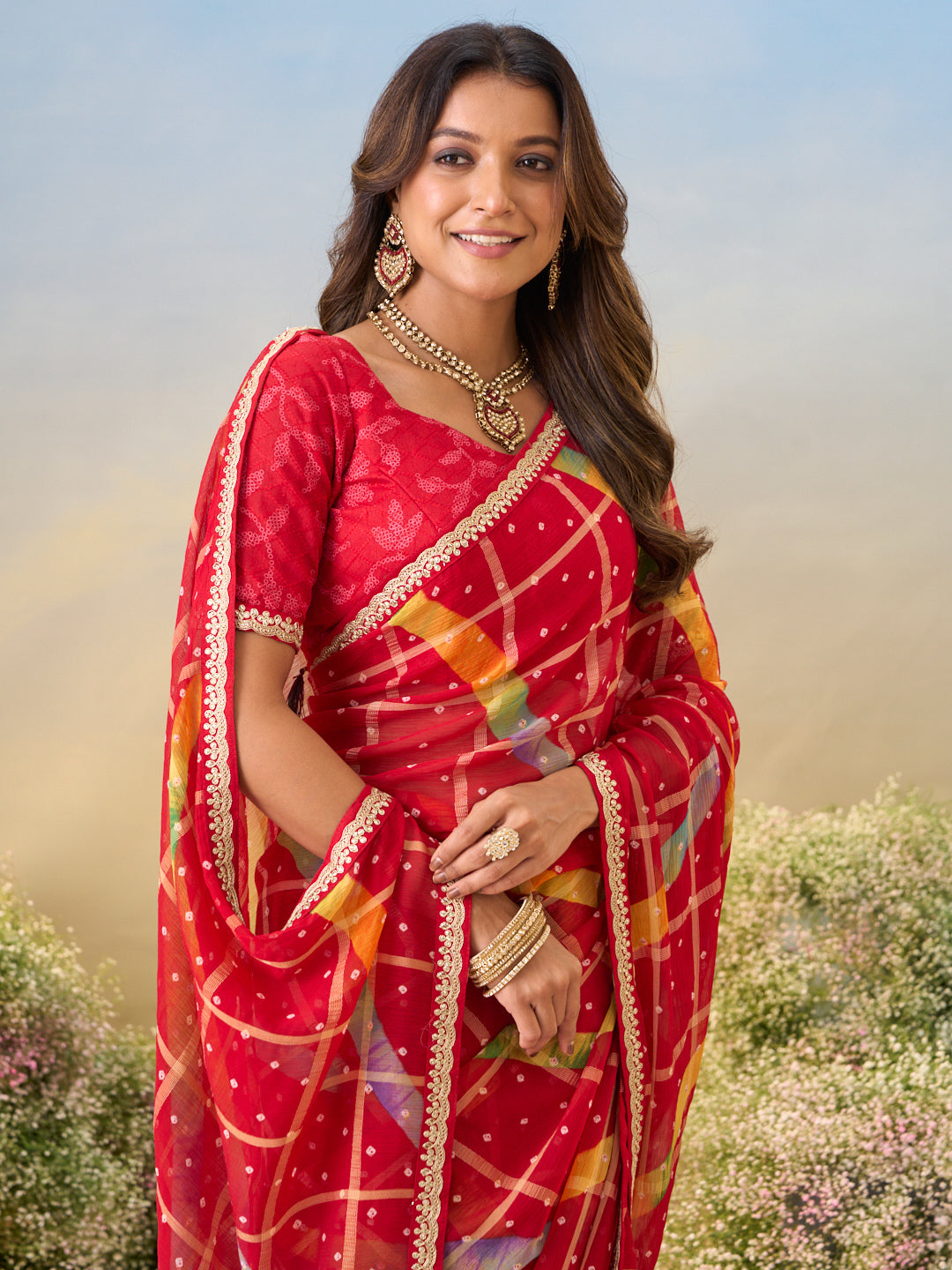 Laxmipati Anaya Red Chiffon Saree with Geometric Prints