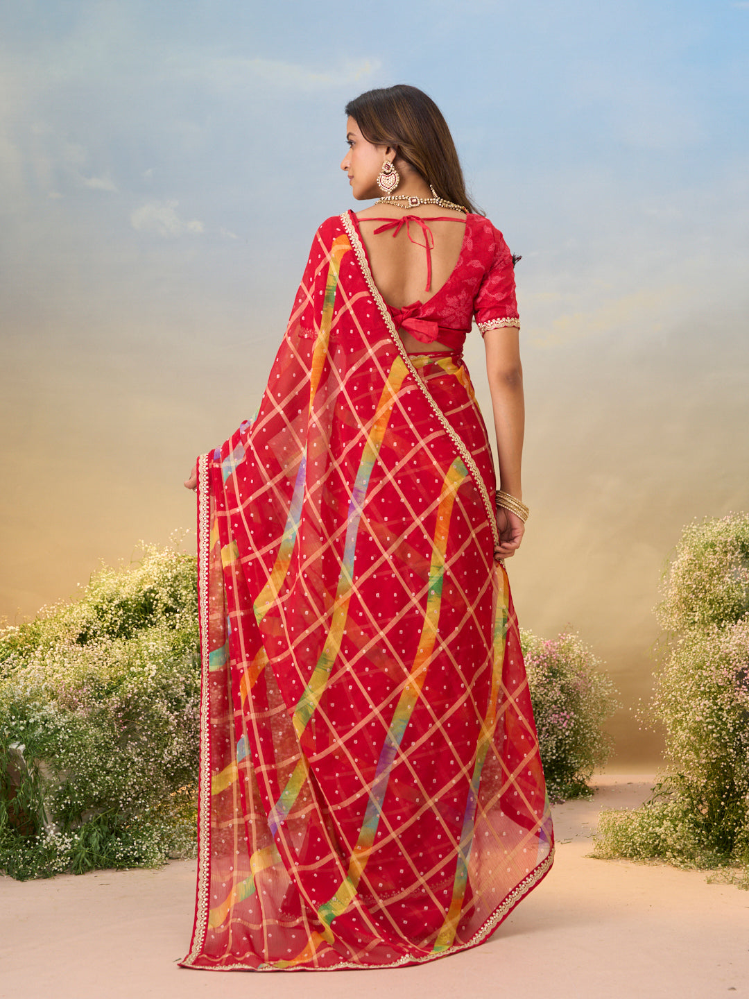 Laxmipati Anaya Red Chiffon Saree with Geometric Prints