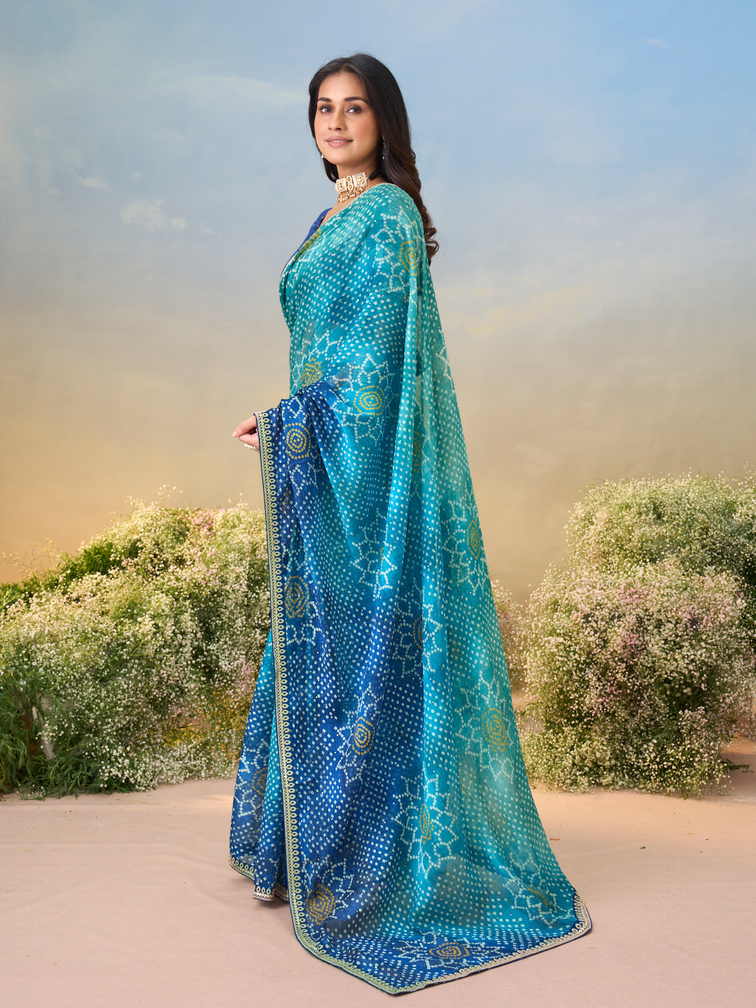 Laxmipati Anaya Teal Blue Silk Saree with Bandhani Prints