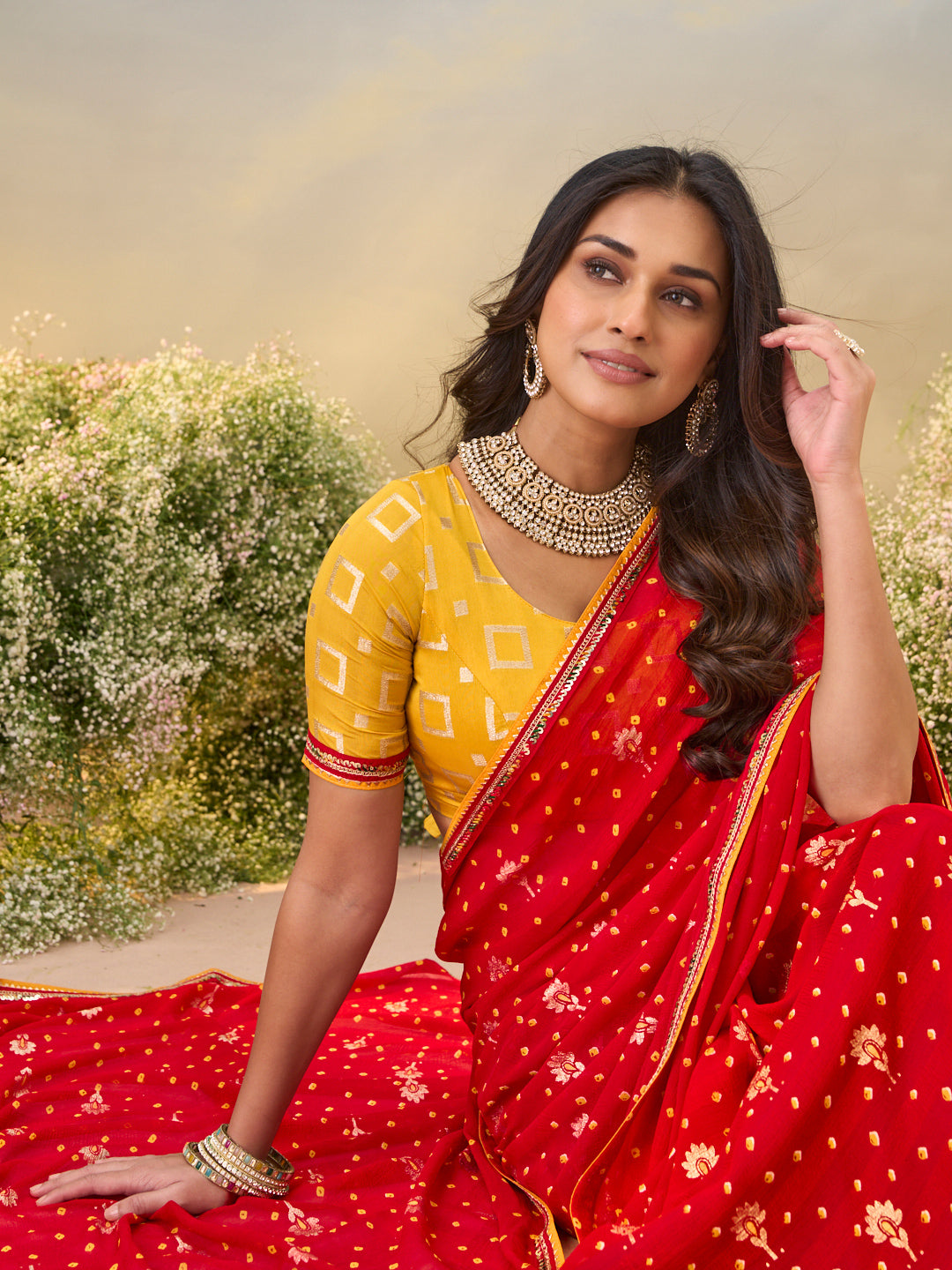 Laxmipati Anaya Red Georgette Saree with Bandhani Prints