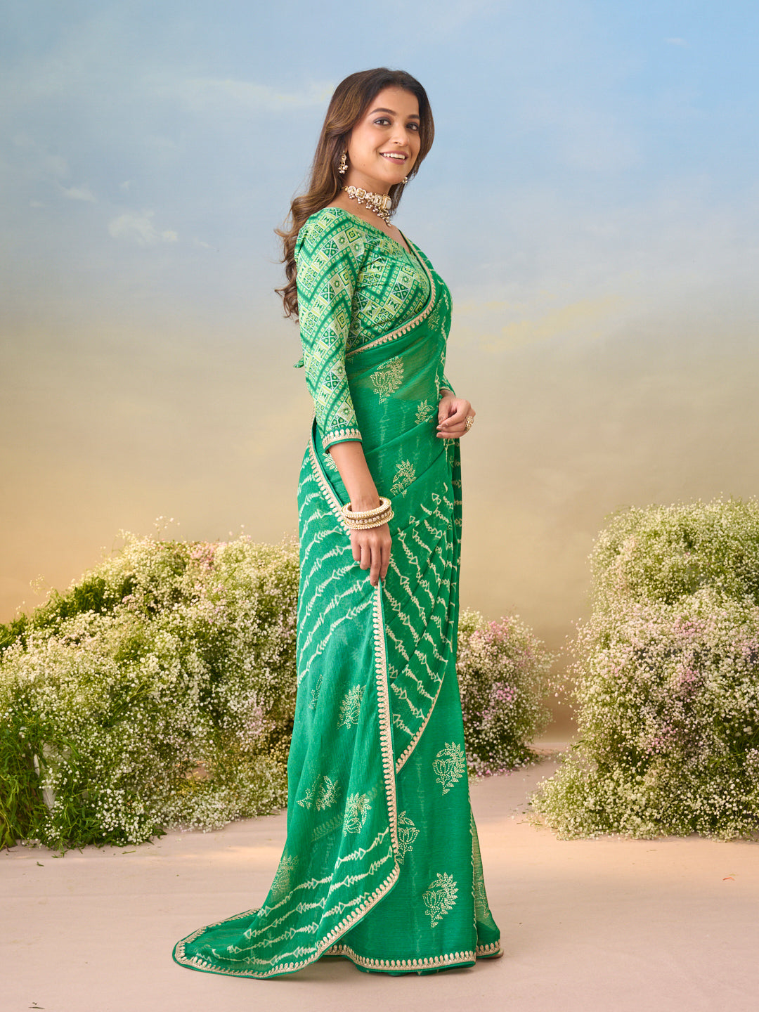 Laxmipati Anaya Green Chiffon Saree with Geometric Prints