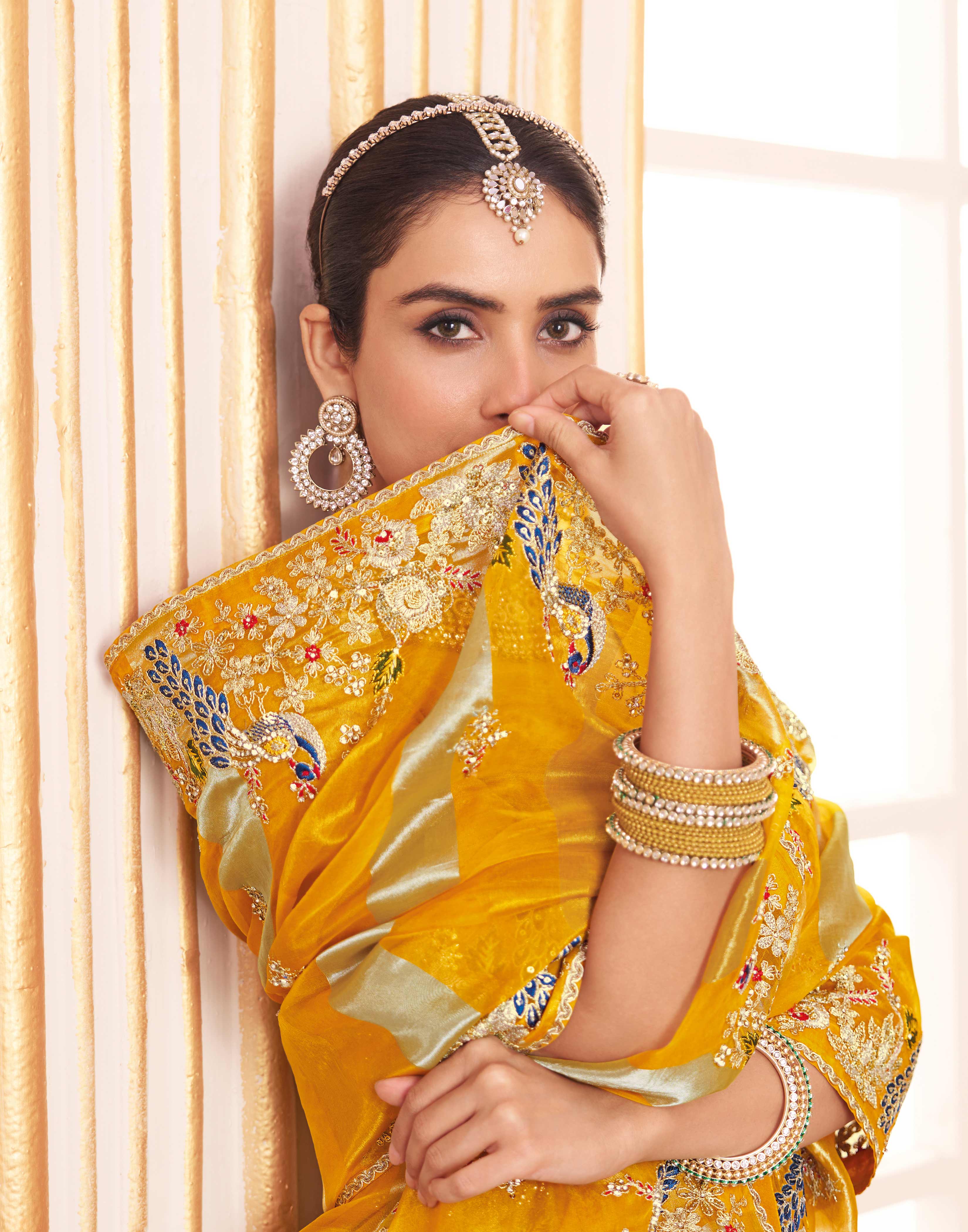 Laxmipati Chakor Mustard Tissue Organza Saree with Floral Embroidery