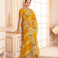 Laxmipati Chakor Mustard Tissue Organza Saree with Floral Embroidery