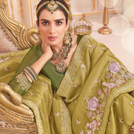 Laxmipati Chakor Olive Green Tissue Organza Saree with Floral Embroidery