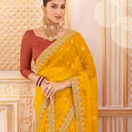 Laxmipati Chakor Mustard Tissue Organza Saree with Floral Embroidery