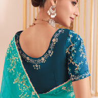 Laxmipati Chakor Teal Blue Tissue Organza Saree with Floral Embroidery