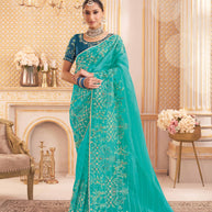 Laxmipati Chakor Teal Blue Tissue Organza Saree with Floral Embroidery