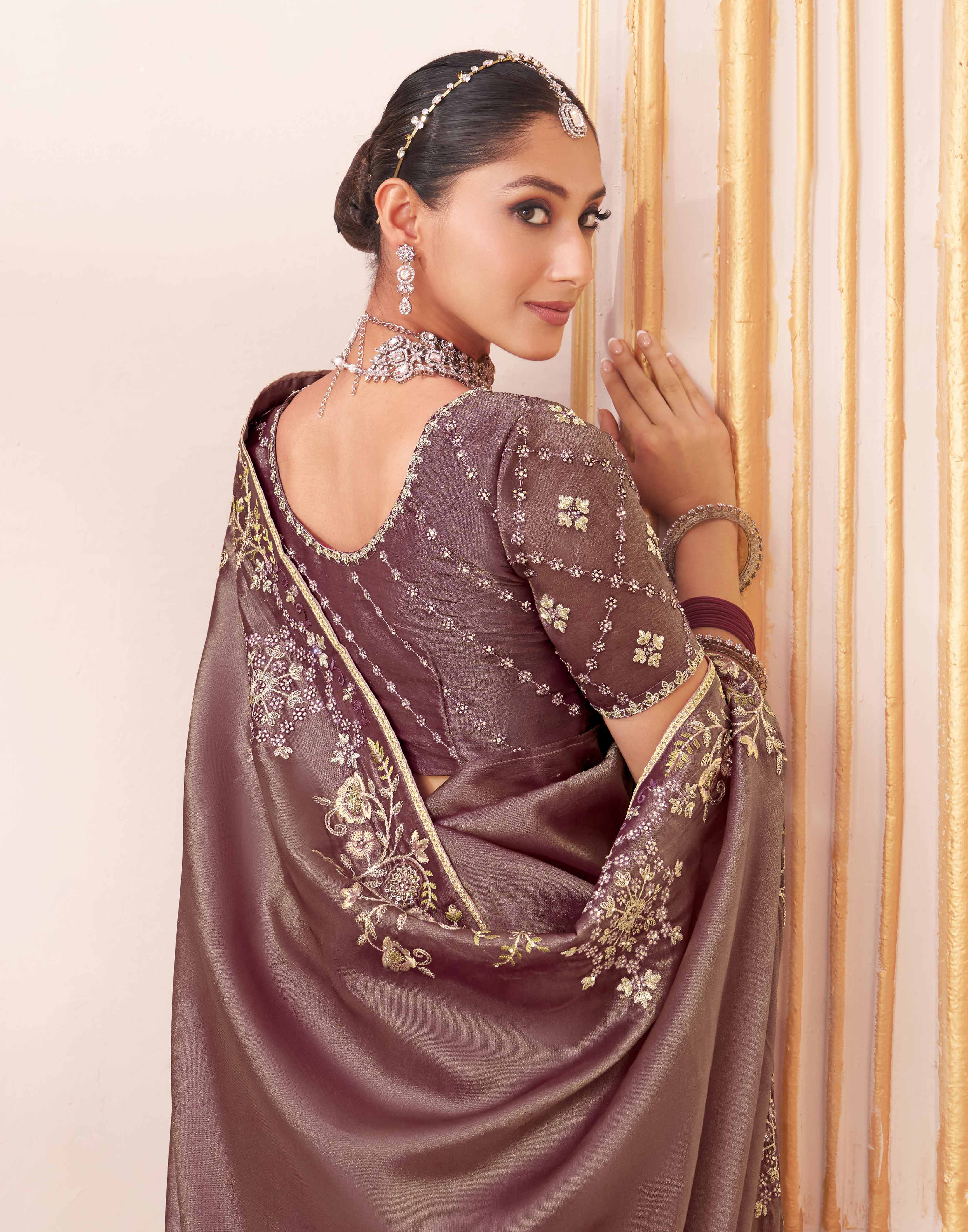 Laxmipati Chakor Purple Silk Saree with Floral Embroidery