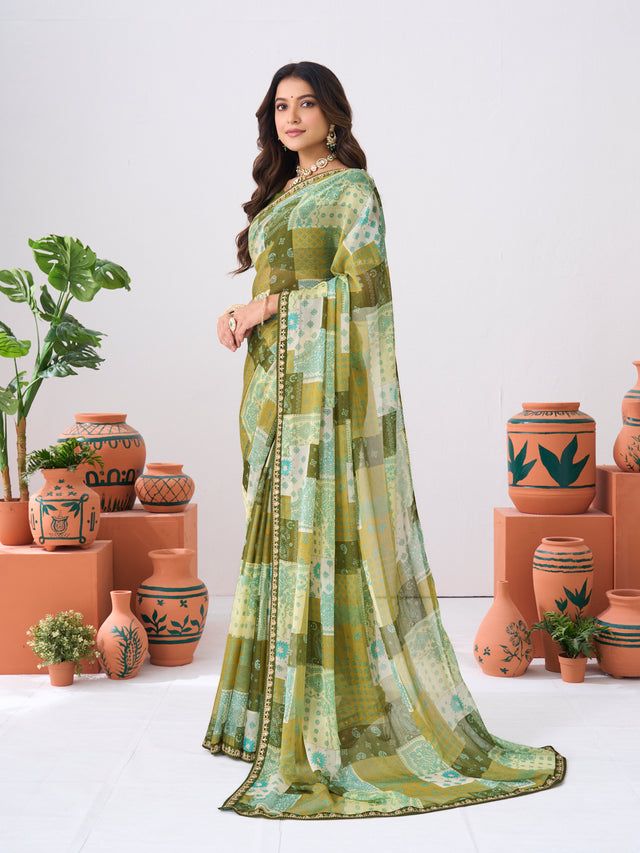 Laxmipati Ishita Green Floral Printed Chiffon Saree