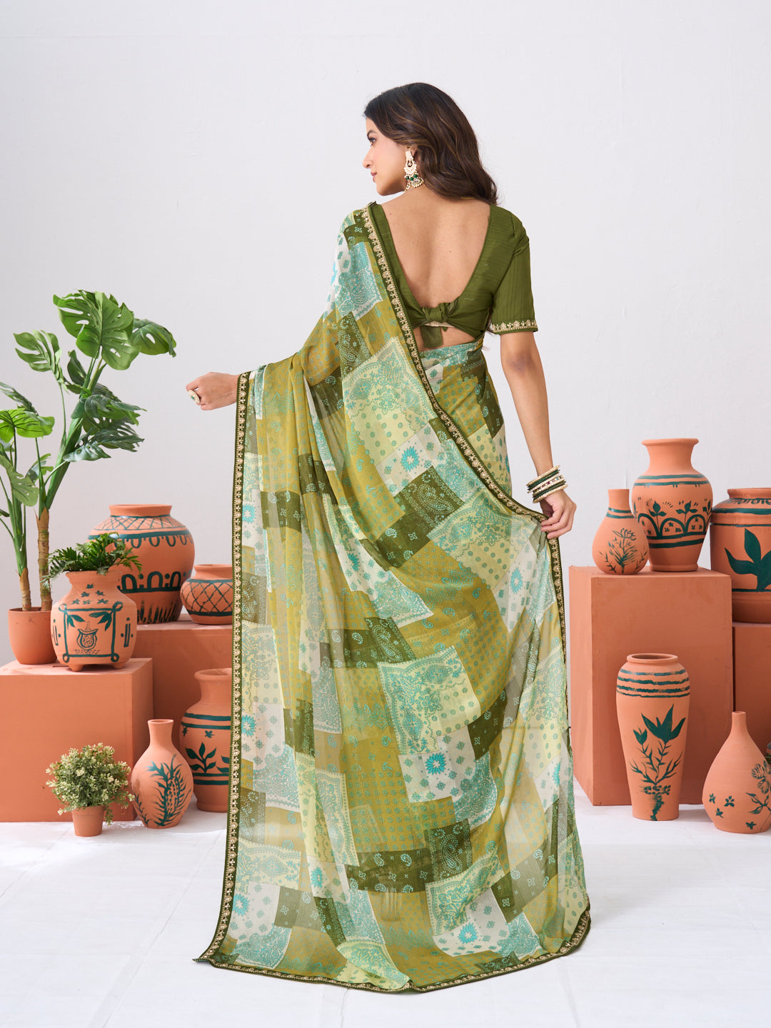 Laxmipati Ishita Green Floral Printed Chiffon Saree