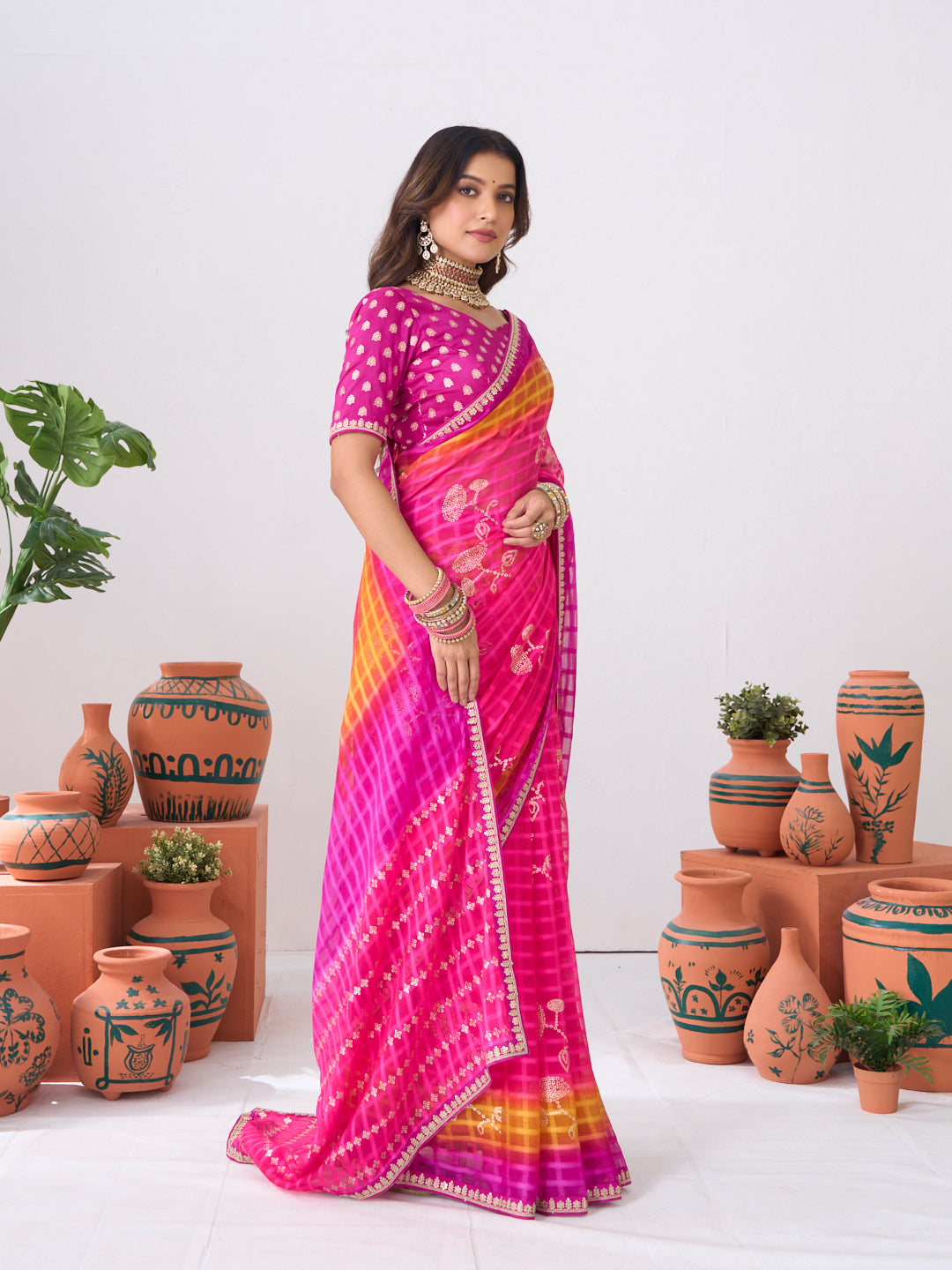 Laxmipati Ishita Pink Bandhani Printed Georgette Saree