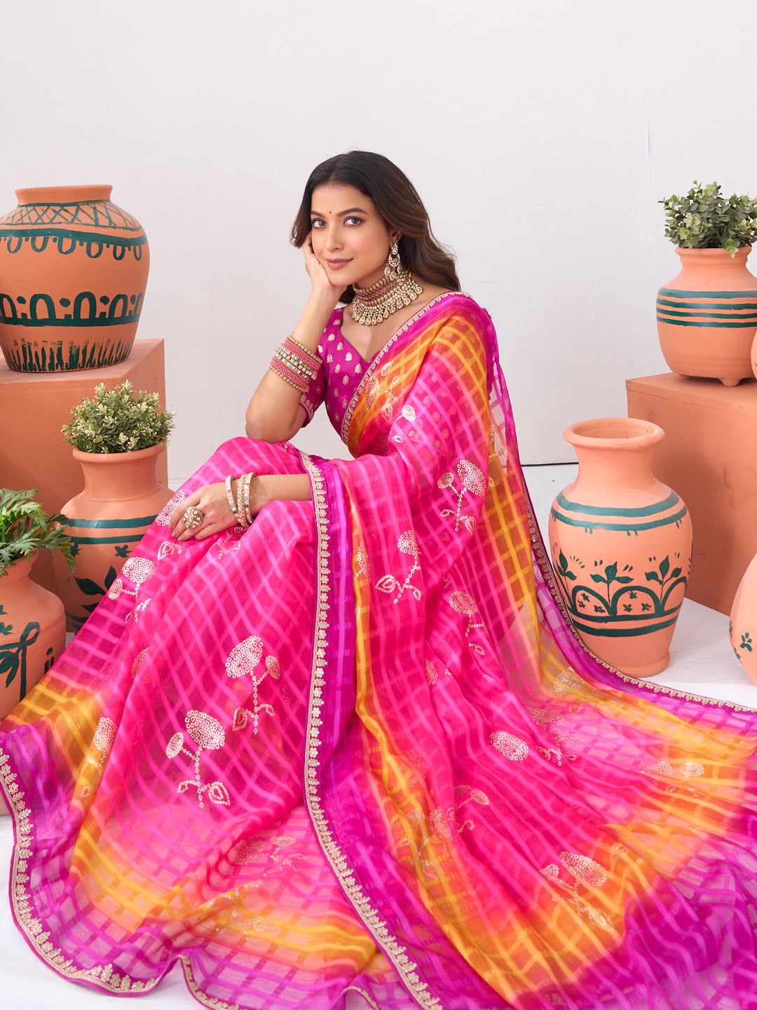 Laxmipati Ishita Pink Bandhani Printed Georgette Saree