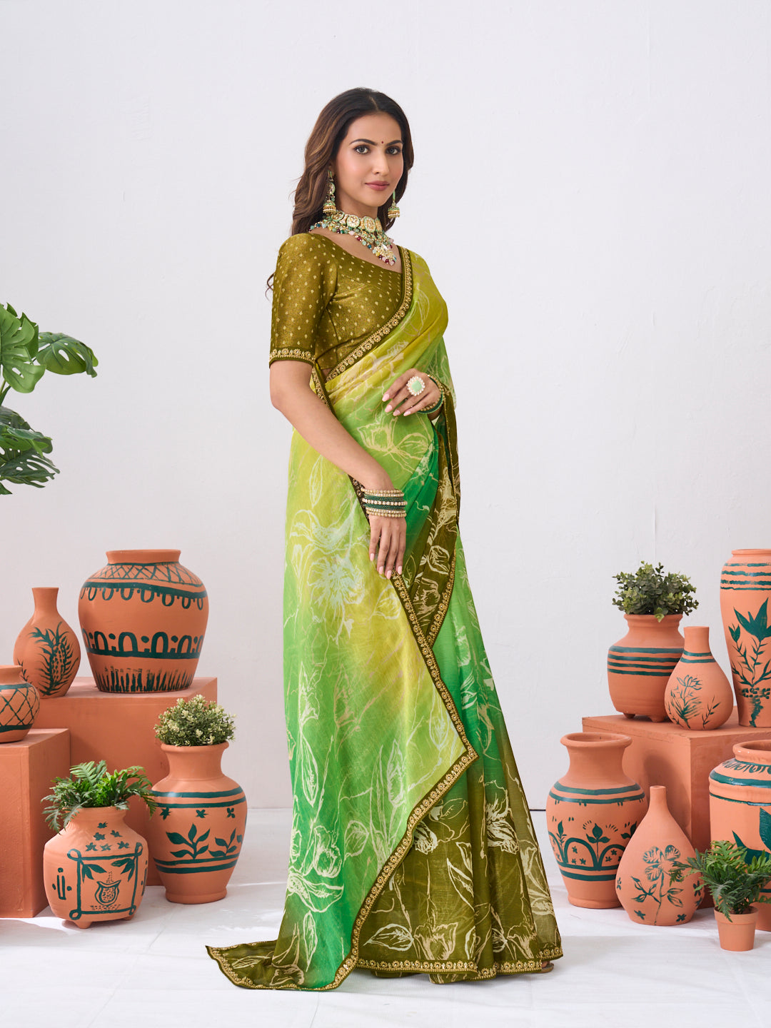 Laxmipati Ishita Green Floral Printed Silk Saree