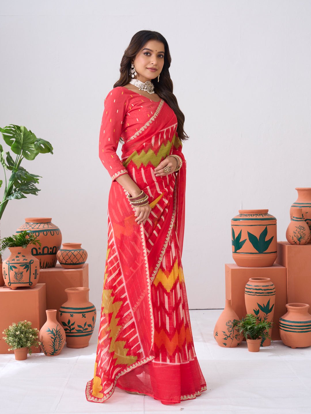 Laxmipati Ishita Red Ikkat Printed Chiffon Saree