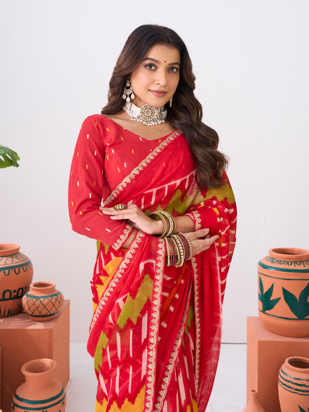 Laxmipati Ishita Red Ikkat Printed Chiffon Saree