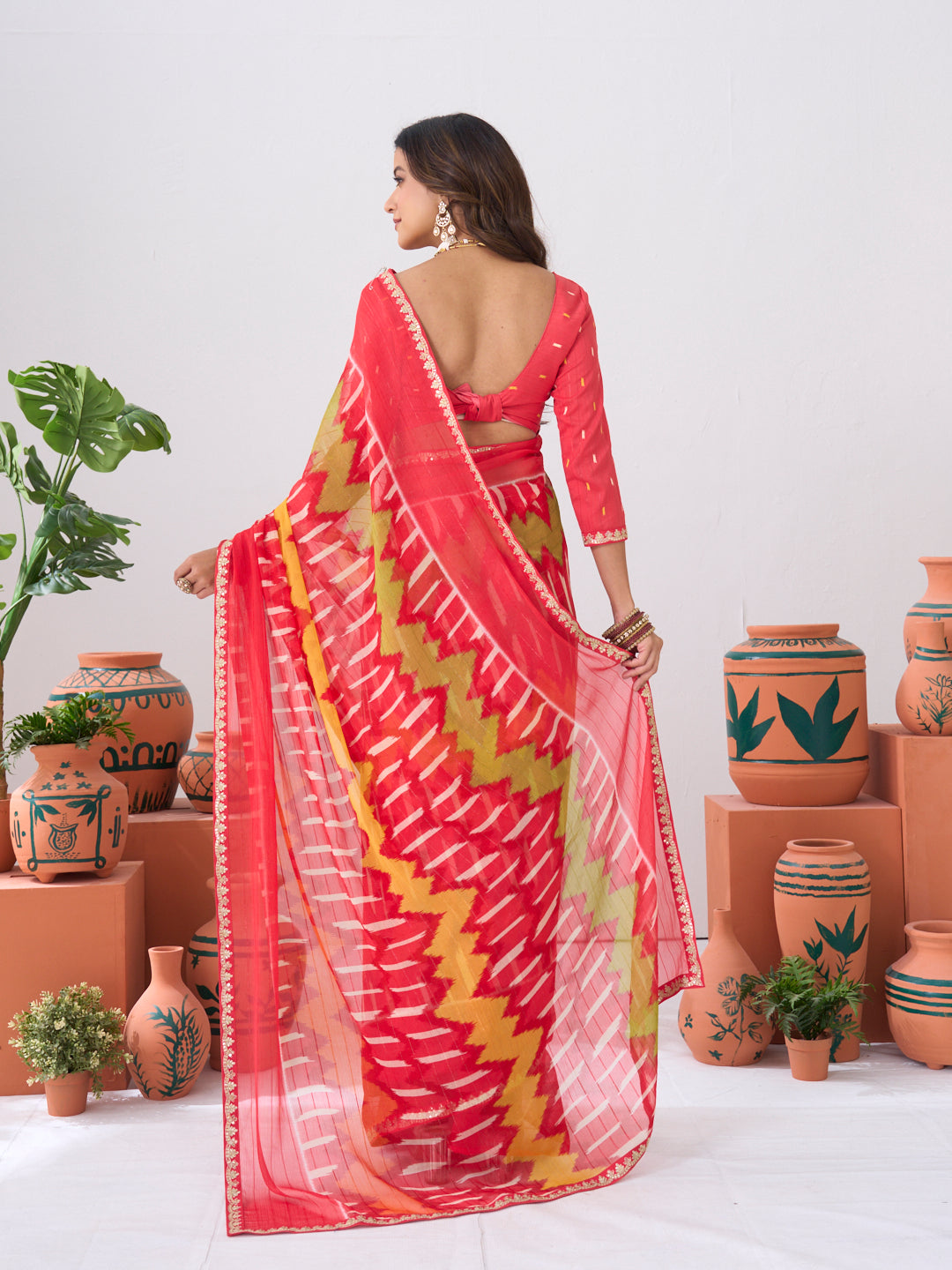 Laxmipati Ishita Red Ikkat Printed Chiffon Saree