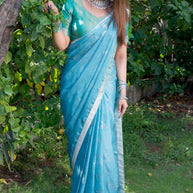 Blue woven silk blend saree festive wear