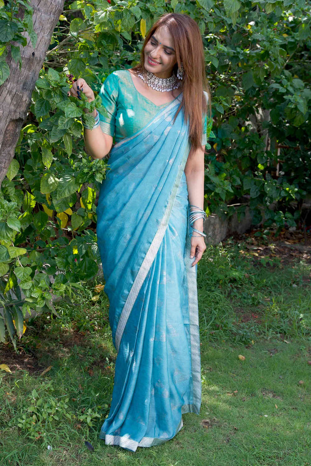 Blue woven silk blend saree festive wear