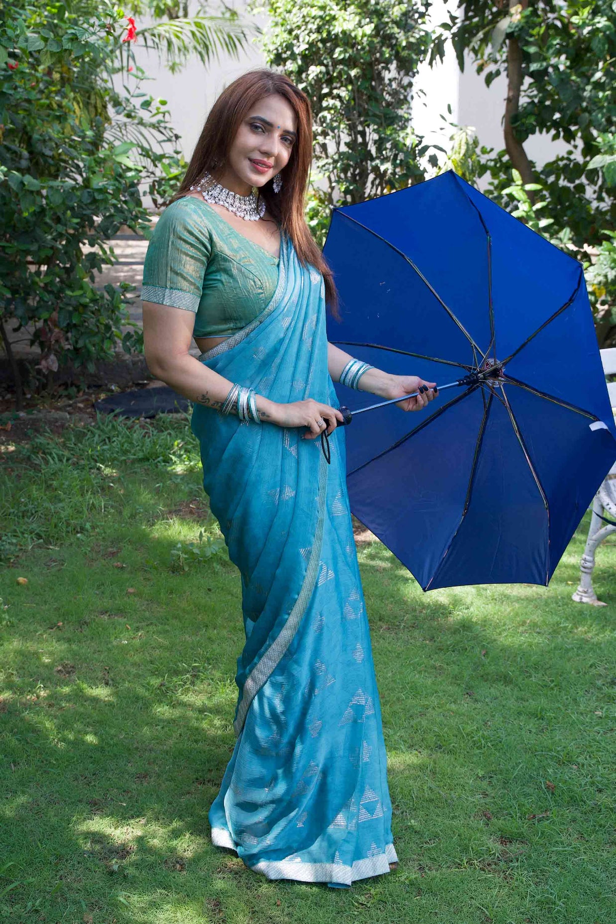Blue geometric printed silk blend saree festive wear