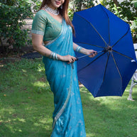 Blue geometric printed silk blend saree festive wear