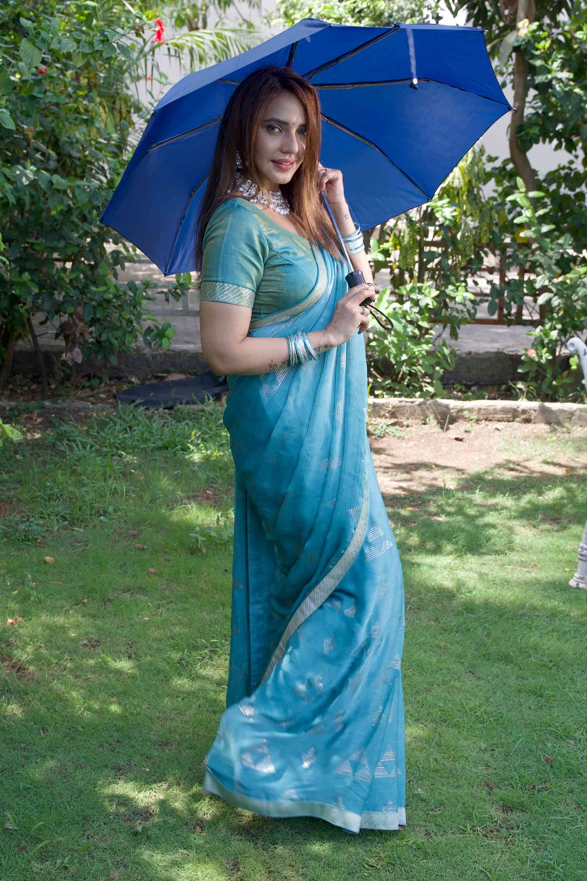 Blue zari woven silk blend saree festive wear 