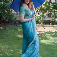 Blue zari woven silk blend saree festive wear 