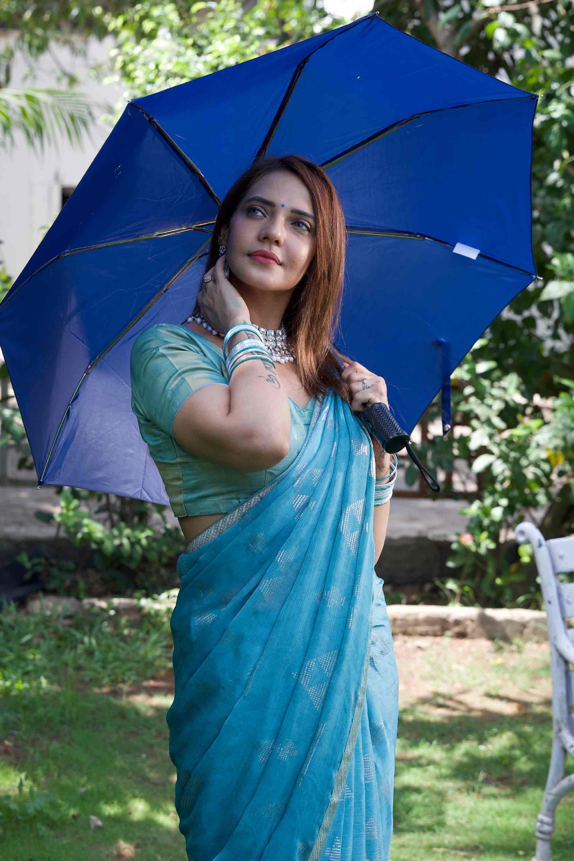 Blue geometric printed silk blend saree festive wear