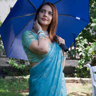 Blue geometric printed silk blend saree festive wear