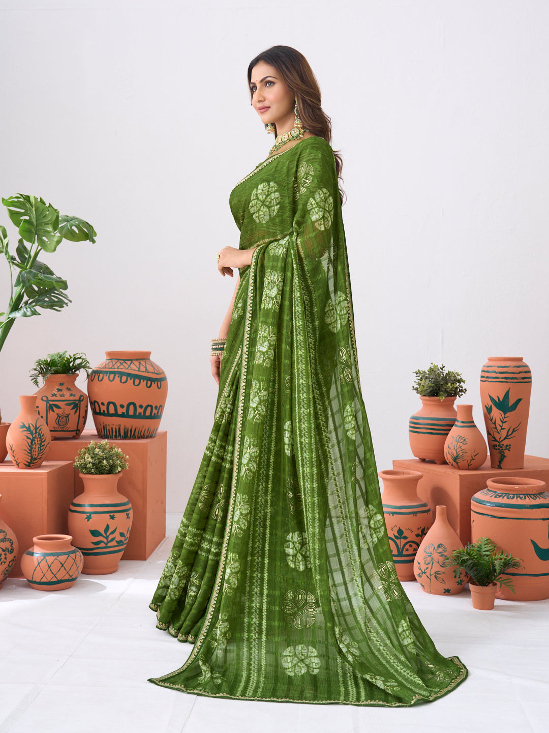 Laxmipati Ishita Green Floral Printed Chiffon Saree