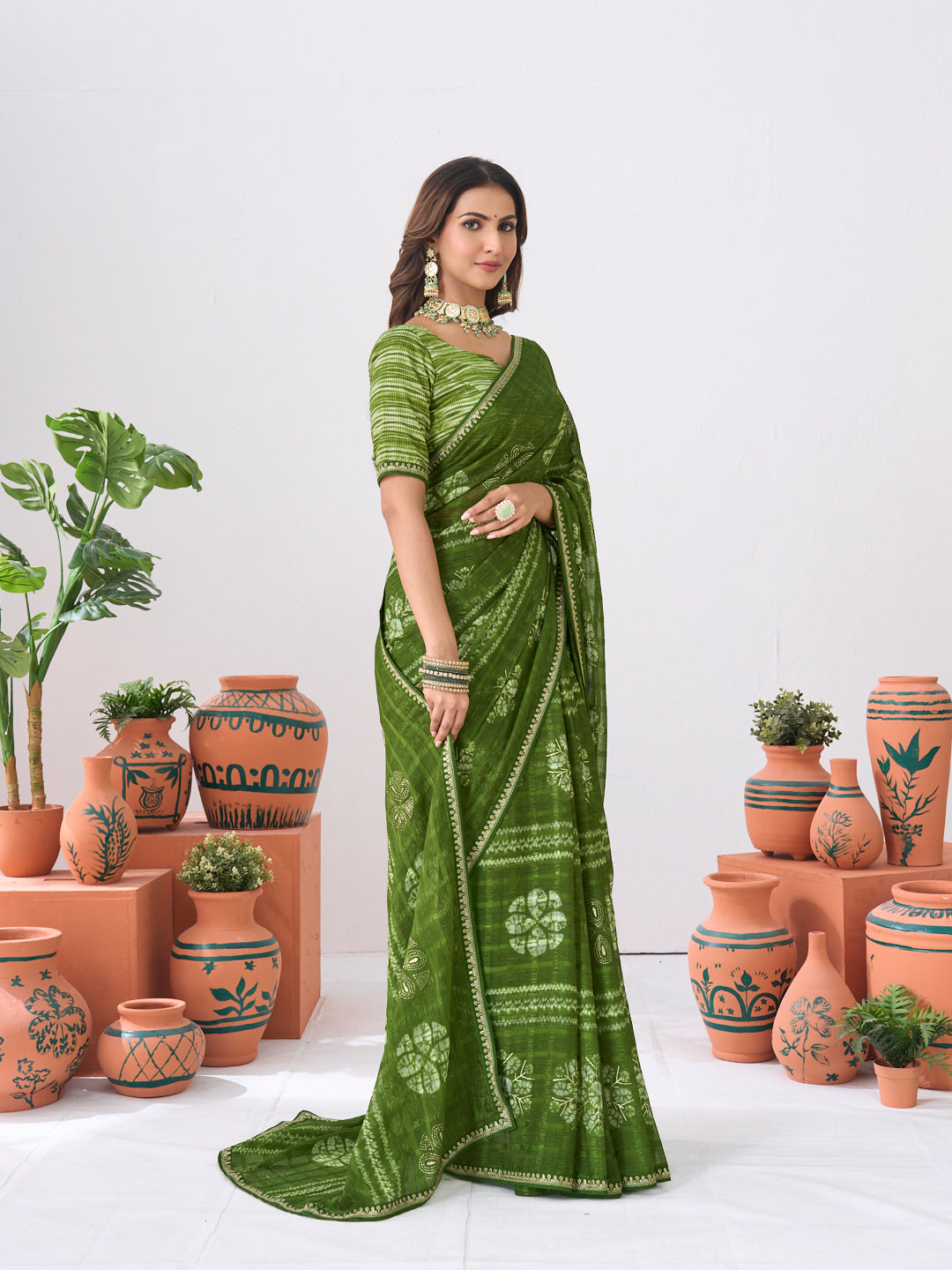 Laxmipati Ishita Green Floral Printed Chiffon Saree