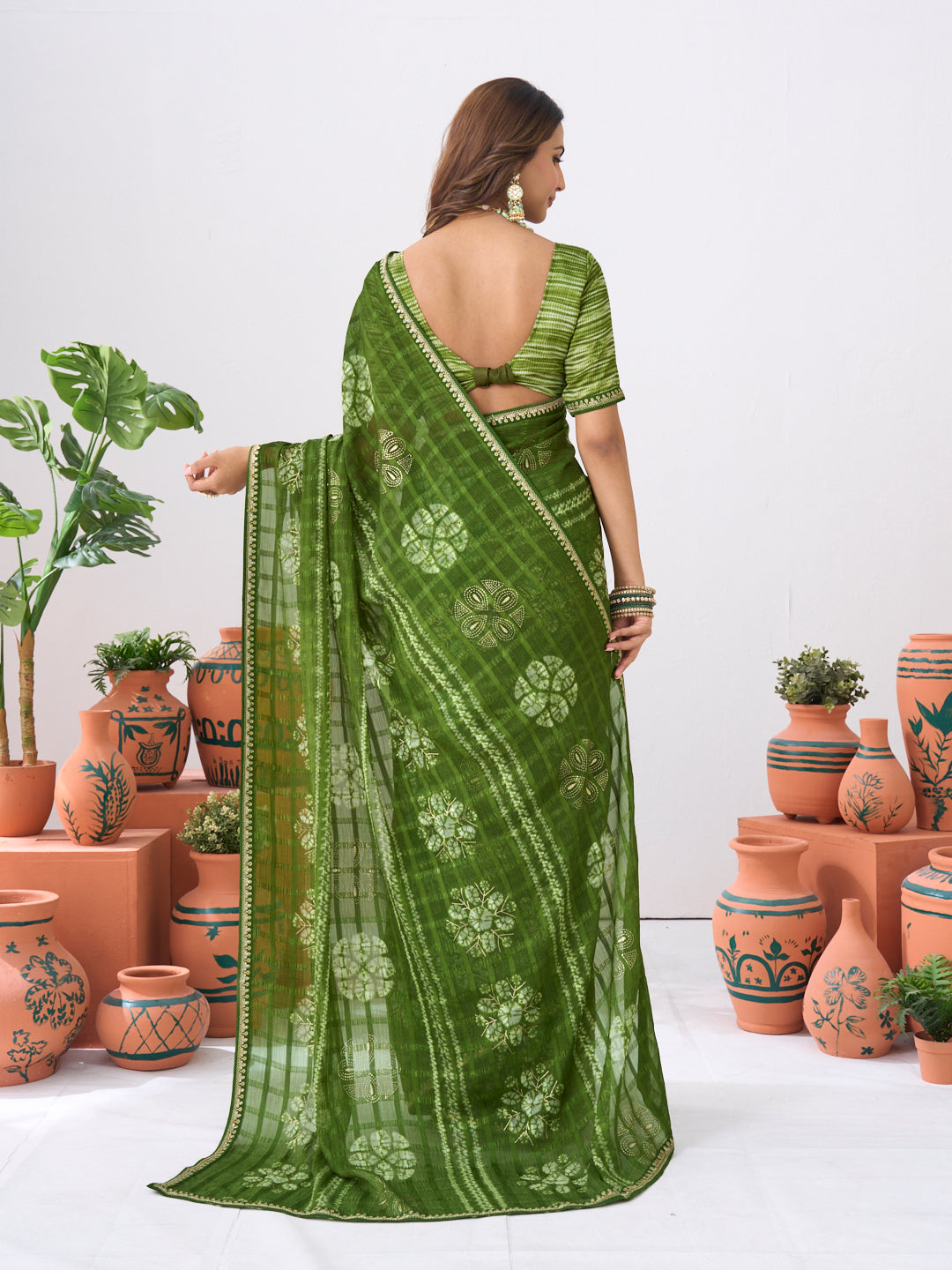 Laxmipati Ishita Green Floral Printed Chiffon Saree