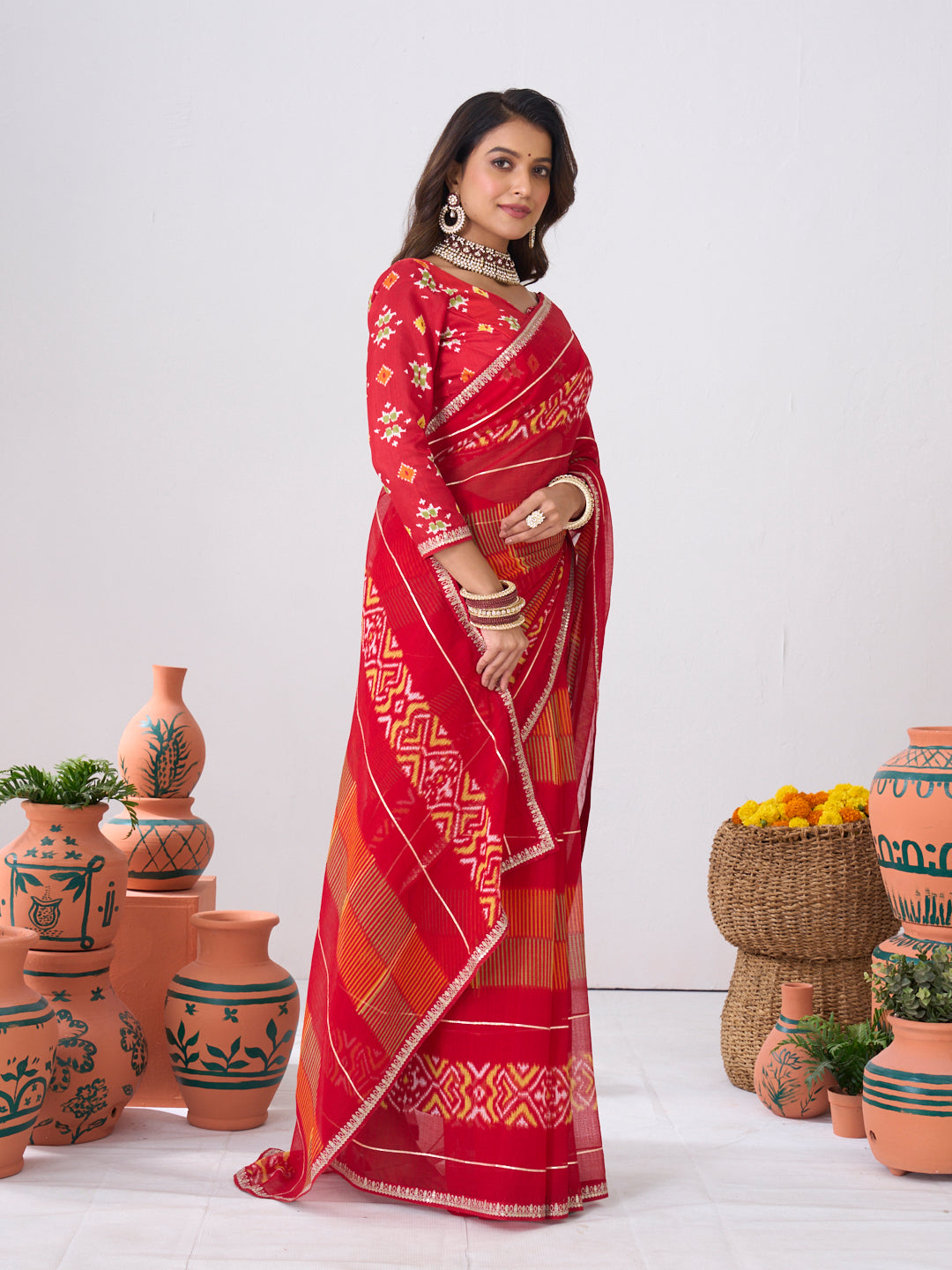 Laxmipati Ishita Red Ikkat Printed Chiffon Saree