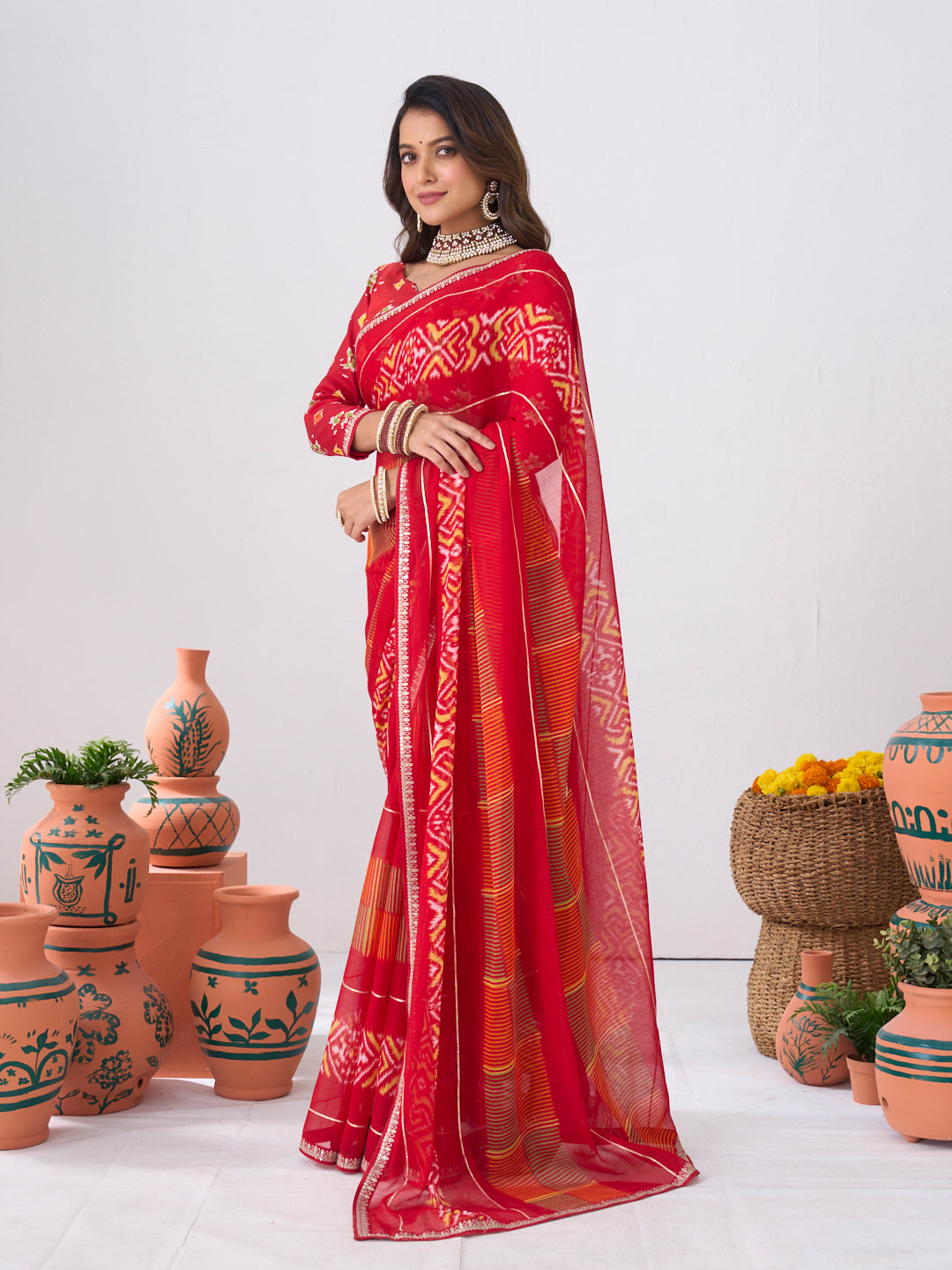 Laxmipati Ishita Red Ikkat Printed Chiffon Saree