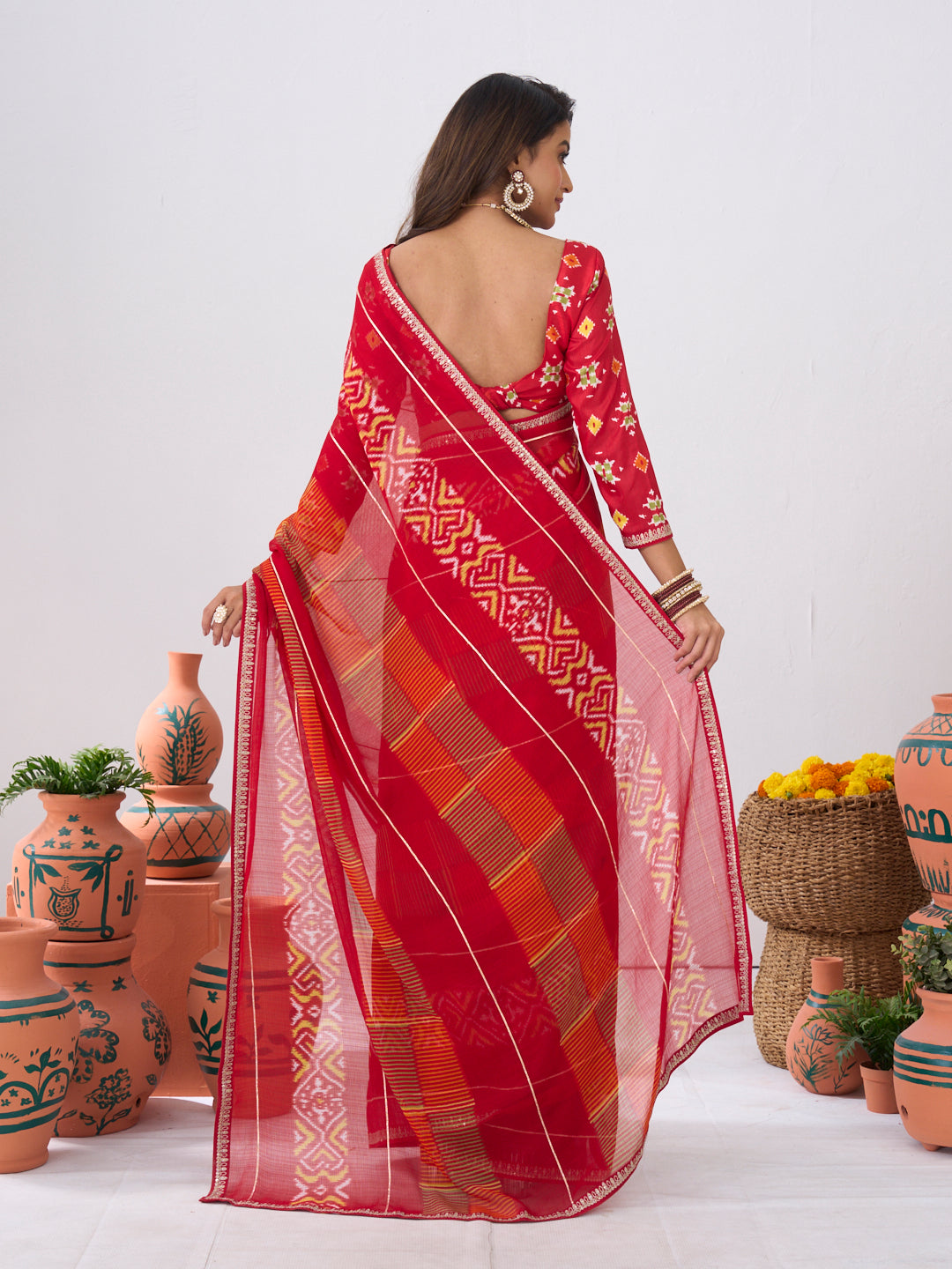 Laxmipati Ishita Red Ikkat Printed Chiffon Saree