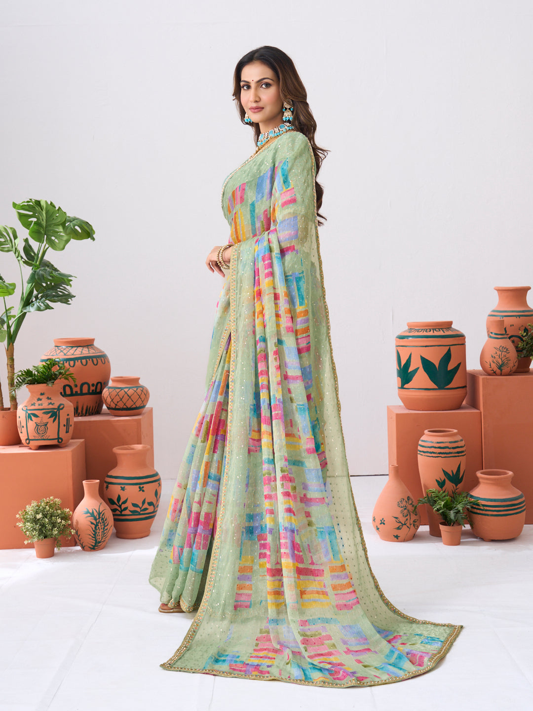 Laxmipati Ishita Pastel Green Abstract Printed Silk Saree