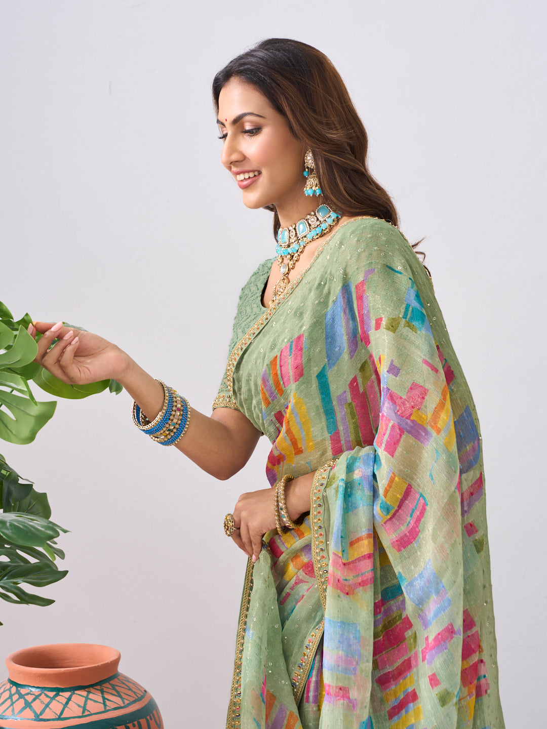 Laxmipati Ishita Pastel Green Abstract Printed Silk Saree