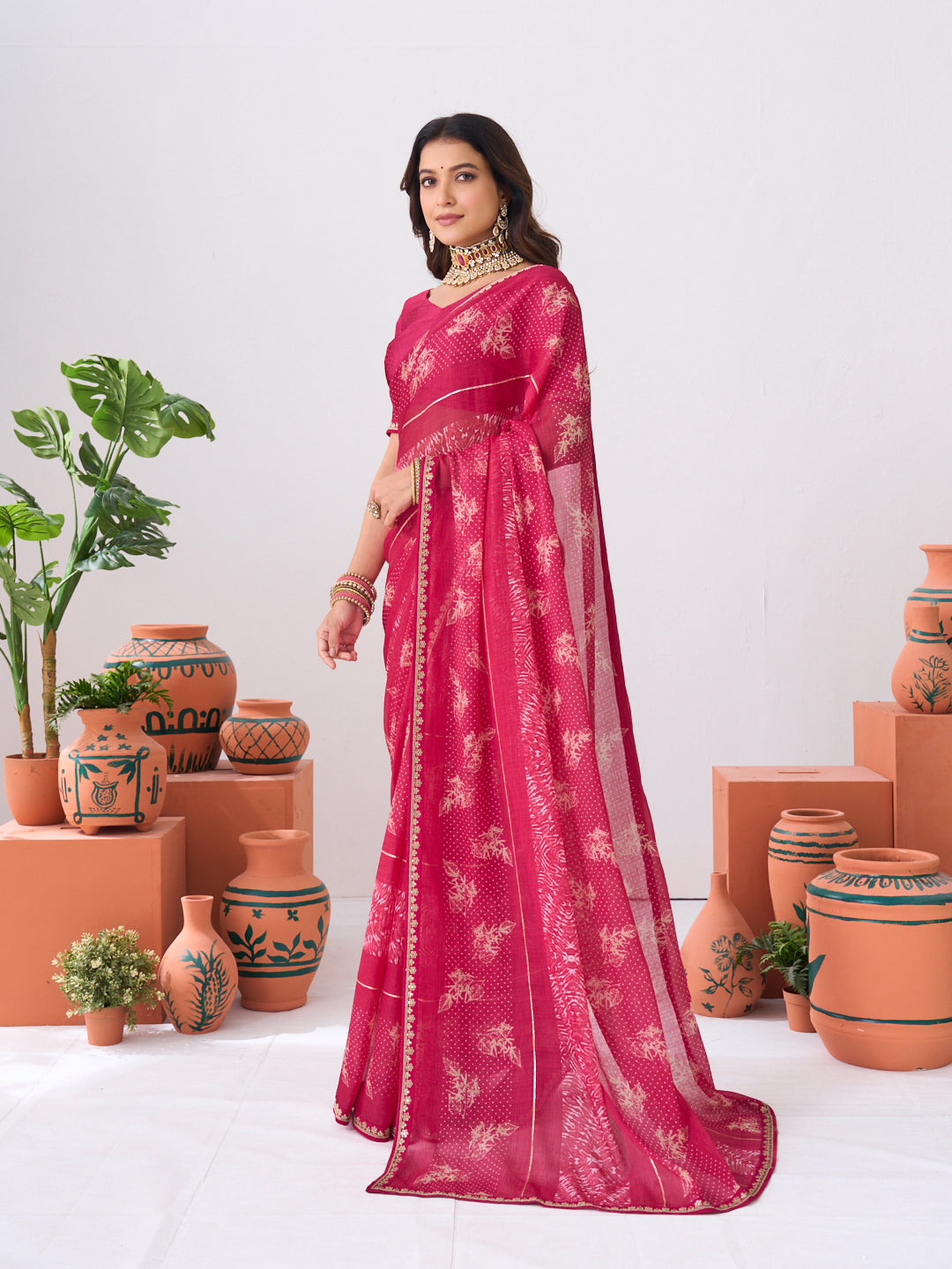 Laxmipati Ishita Pink Floral Pinted Chiffon Saree