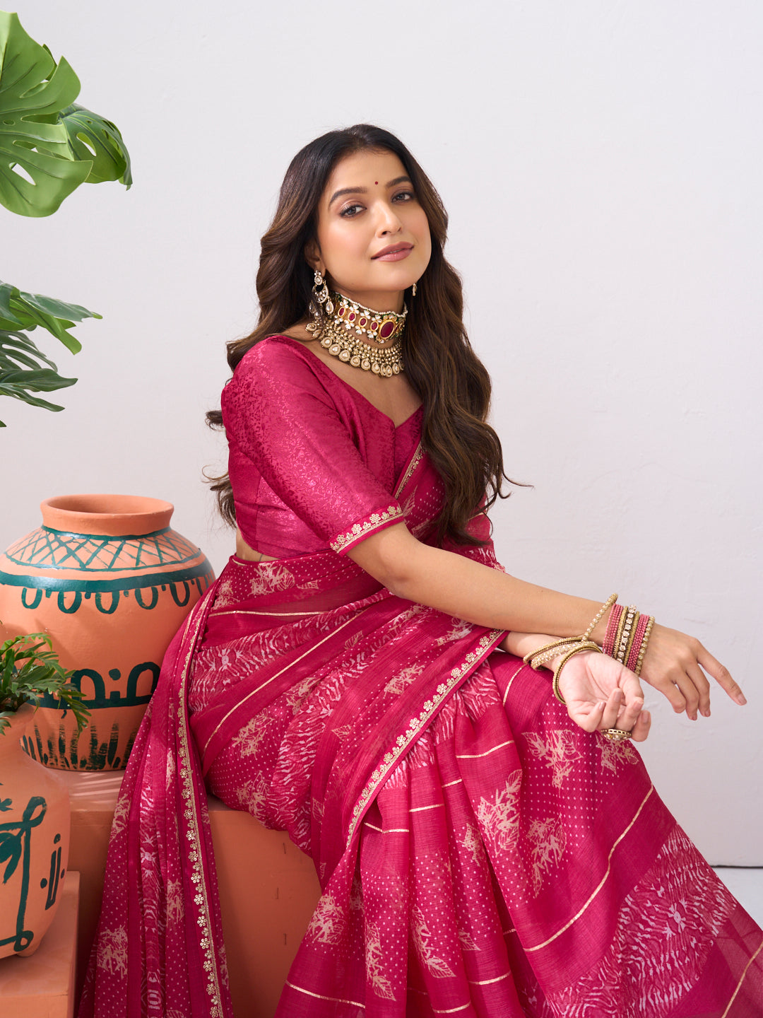 Laxmipati Ishita Pink Floral Pinted Chiffon Saree