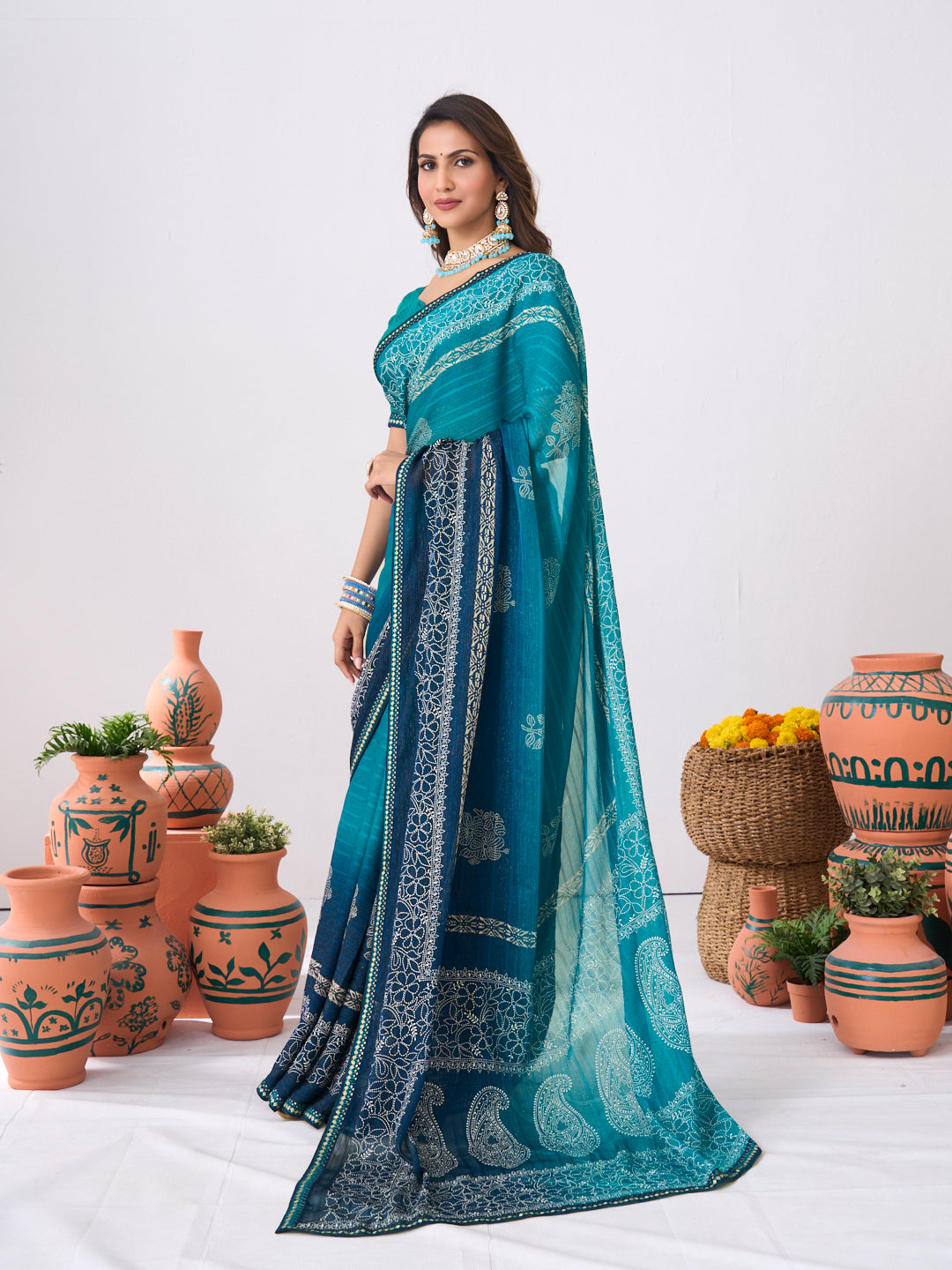 Laxmipati Ishita Blue Floral Printed Georgette Saree