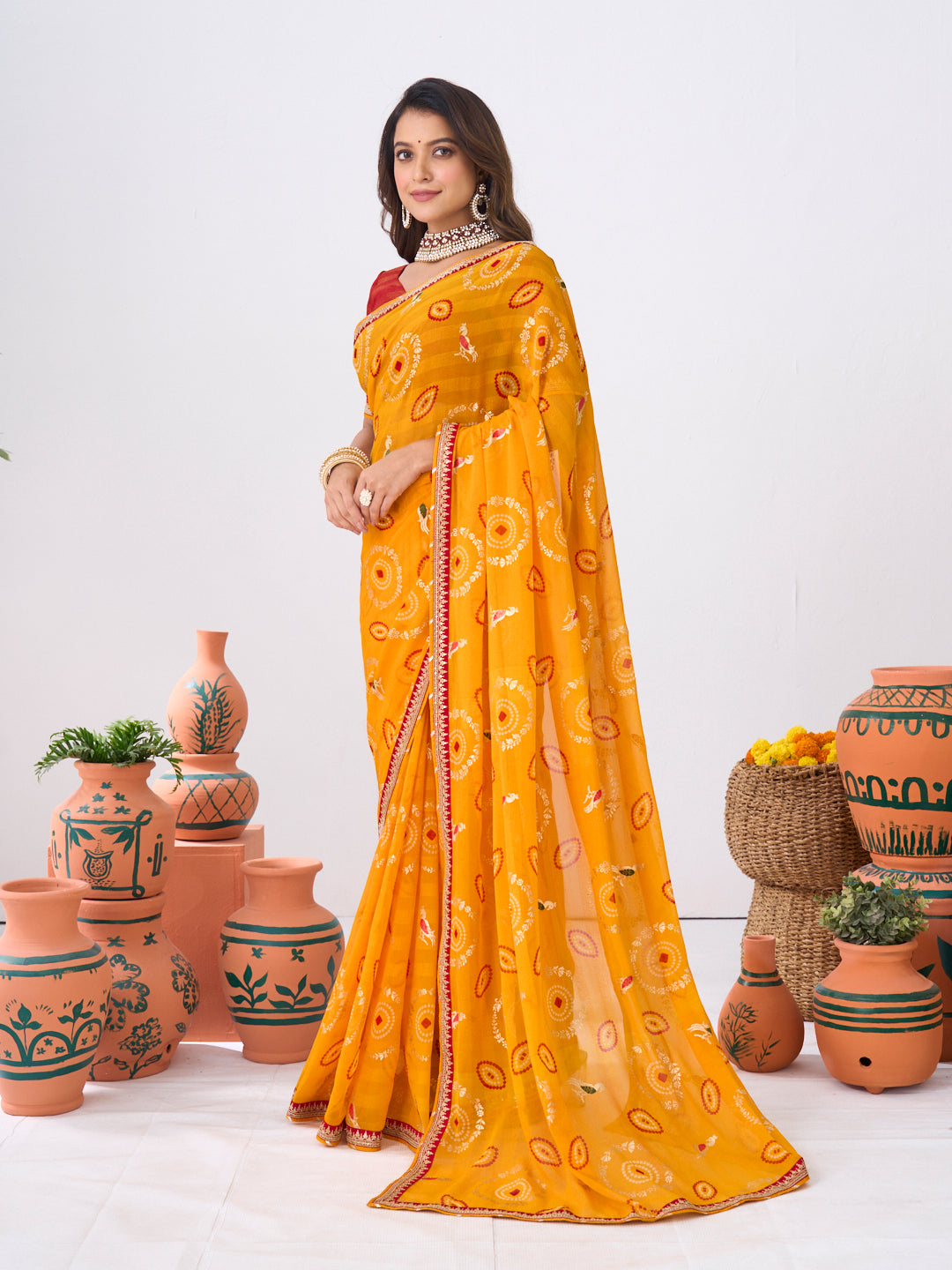 Laxmipati Ishita Mustard Bandhani Printed Georgette Saree