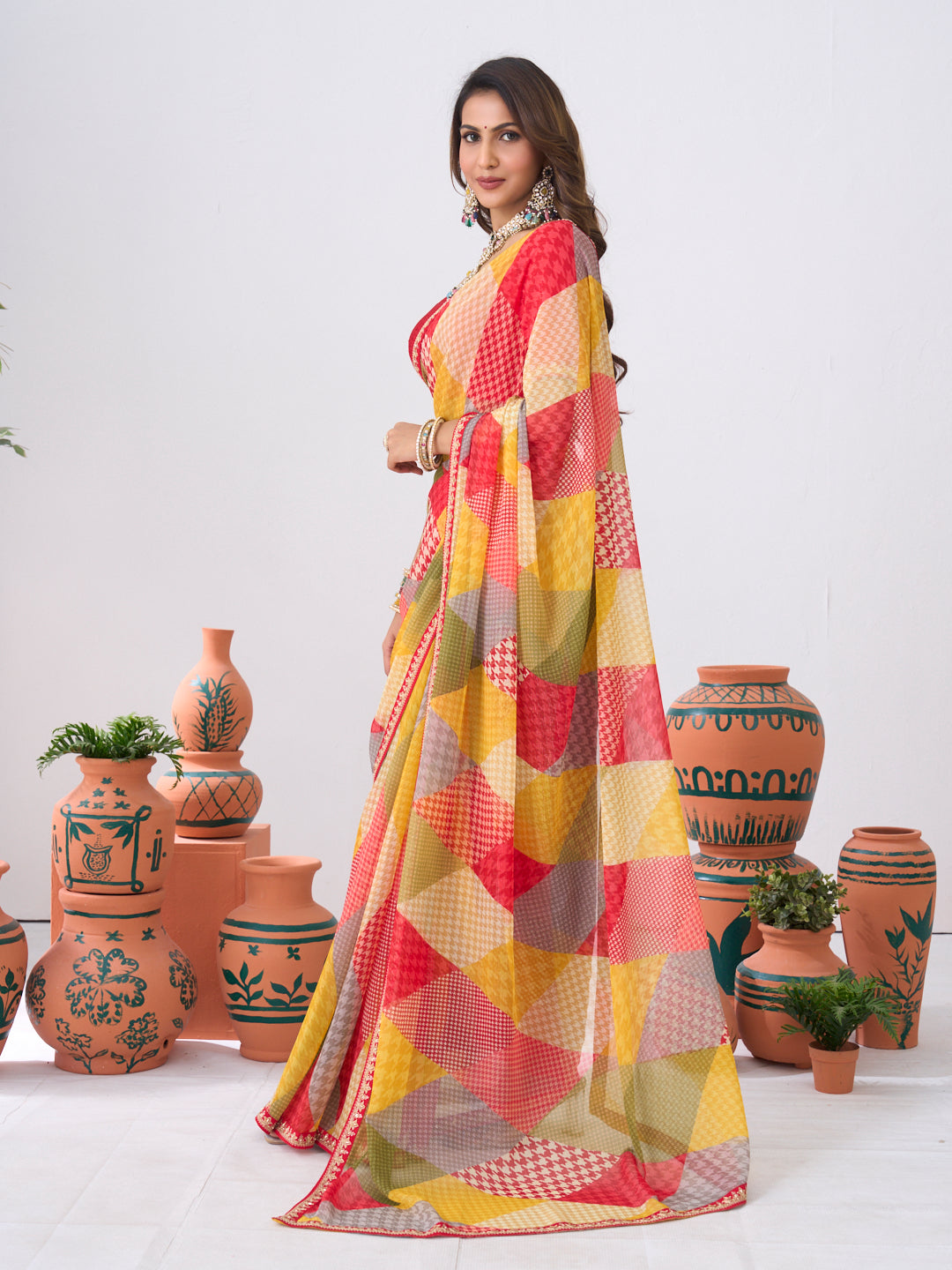 Laxmipati Ishita Multicolor Geometric Printed Chiffon Saree