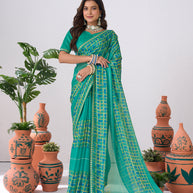 Laxmipati Ishita Teal Blue Geometric Printed Chiffon Saree