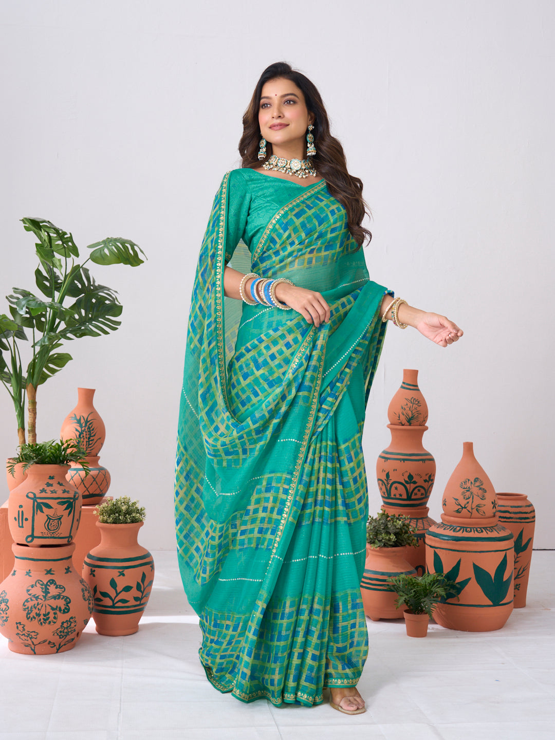 Laxmipati Ishita Teal Blue Geometric Printed Chiffon Saree