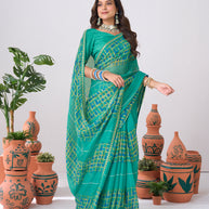 Laxmipati Ishita Teal Blue Geometric Printed Chiffon Saree