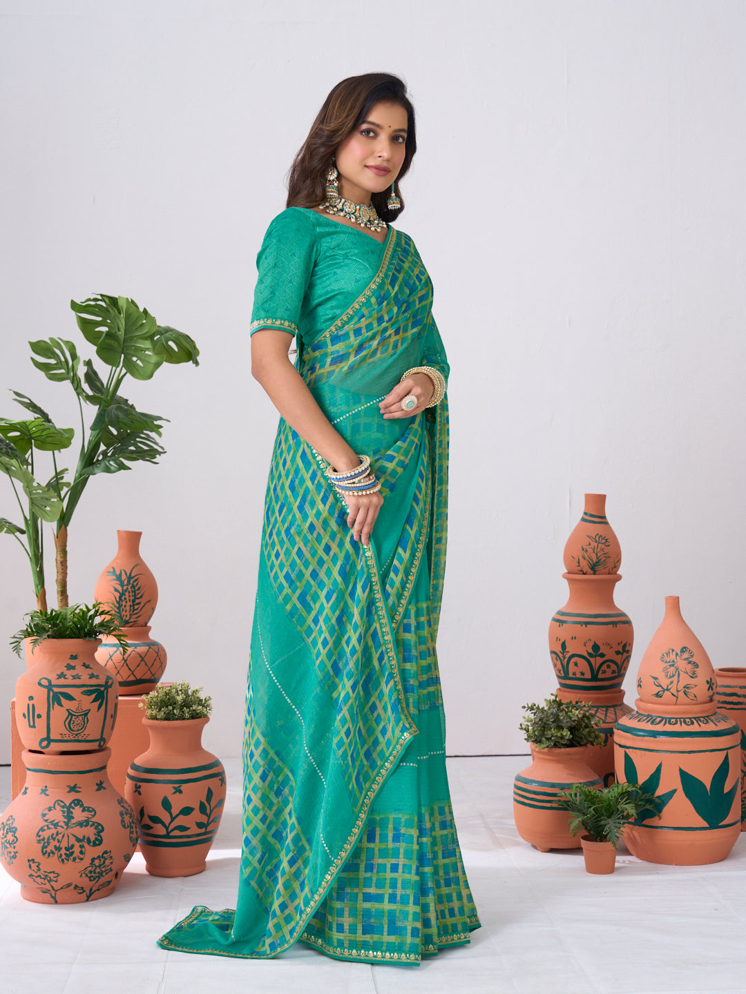 Laxmipati Ishita Teal Blue Geometric Printed Chiffon Saree