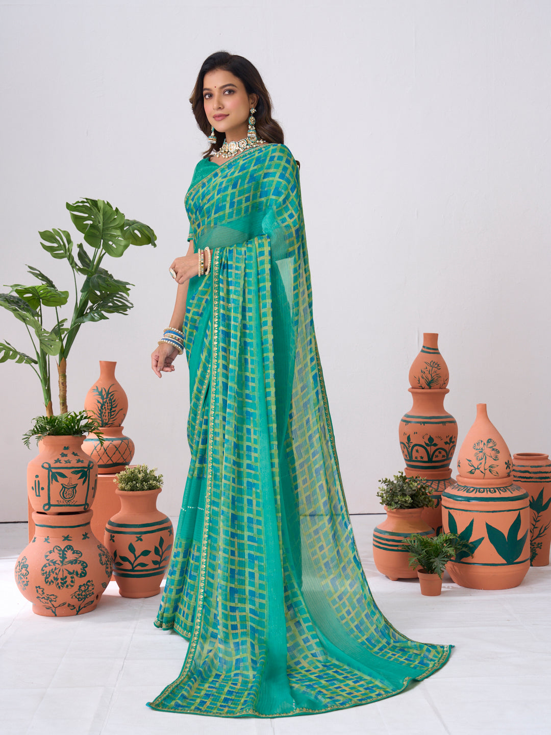 Laxmipati Ishita Teal Blue Geometric Printed Chiffon Saree