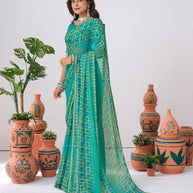 Laxmipati Ishita Teal Blue Geometric Printed Chiffon Saree