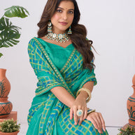 Laxmipati Ishita Teal Blue Geometric Printed Chiffon Saree