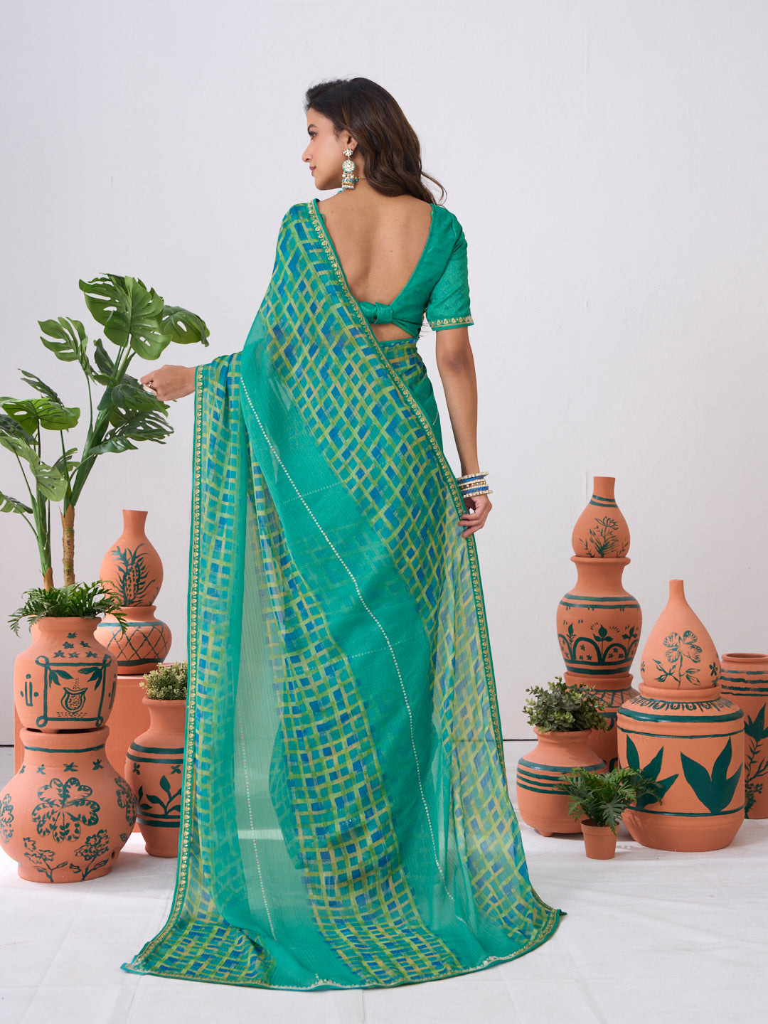 Laxmipati Ishita Teal Blue Geometric Printed Chiffon Saree